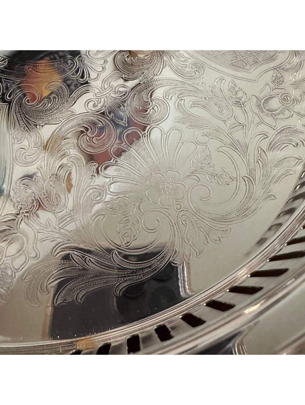 Vintage Silver Gifts A-1 Silverplate 12" Footed Gallery Tray Pierced Engraved - Picture 6 of 7
